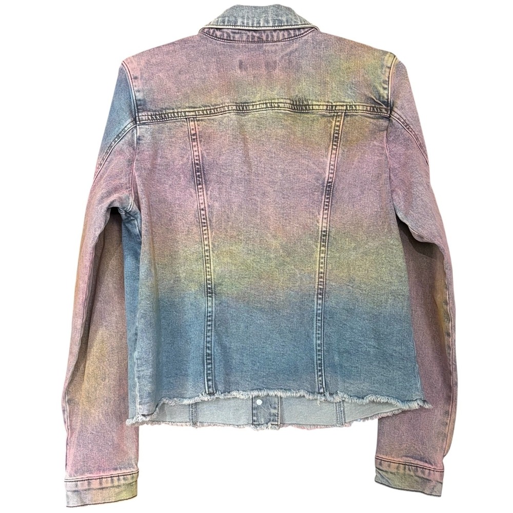 Kut From The Kloth Kara Frayed Hem Tie Dye Denim Trucker Jacket Women's Large - Picture 2 of 5